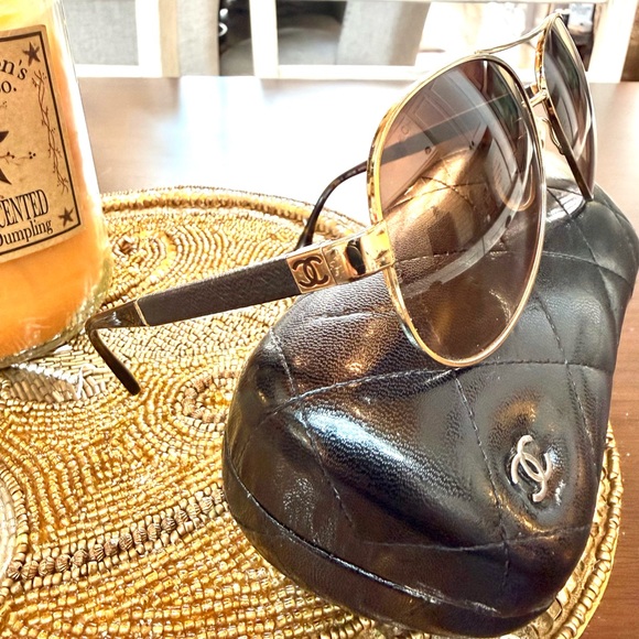 CHANEL - Authentic Pre-Owned Gold/Brown Aviator Sunglasses - Picture 2 of 9